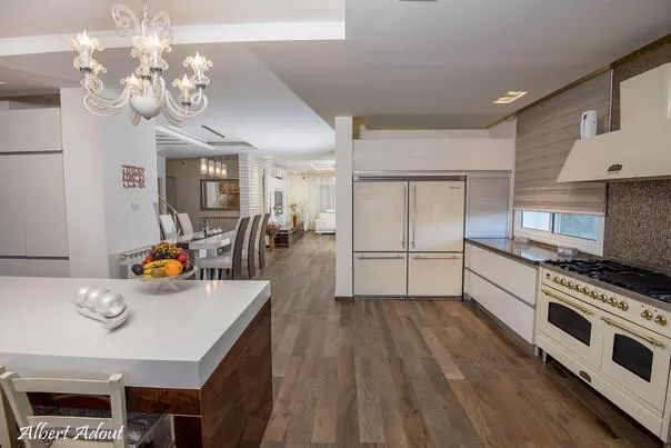 A fully equipped kitchen with a huge oven, a huge refrigerator, a water bar, a coffee grinder and a beautiful island in the center - Ahuzat HaNarkis 42