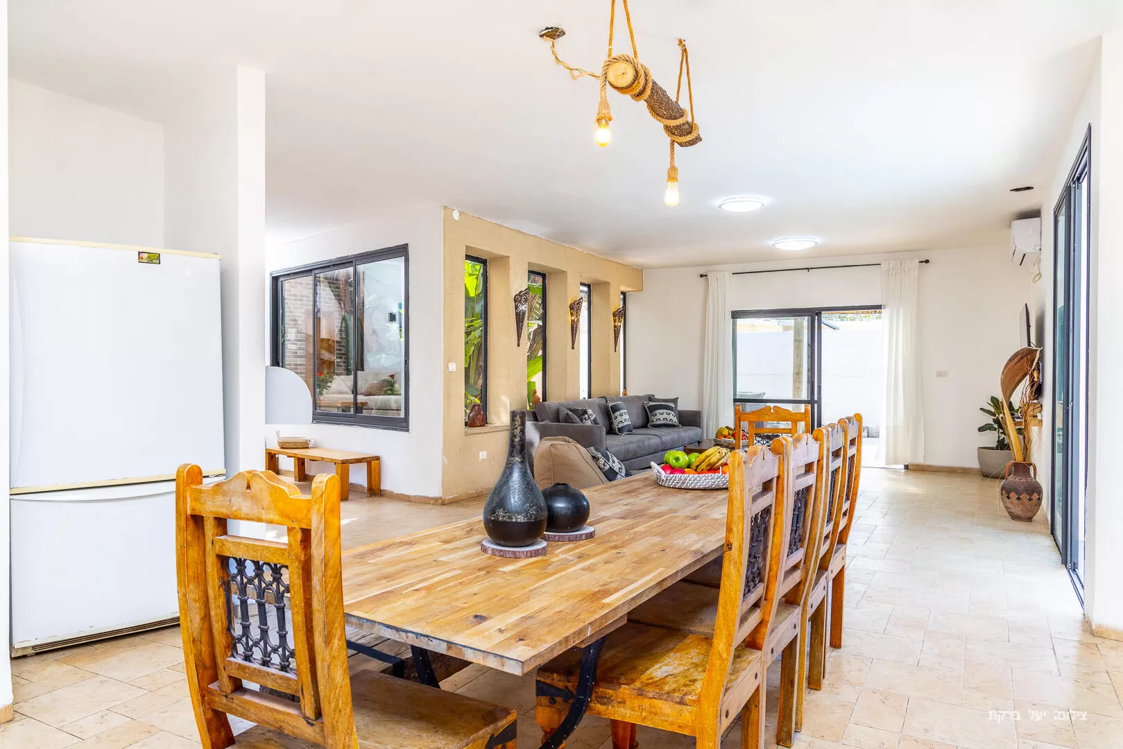 Abirim dining table made of wood with thrones and a long bench - Shufra, Manot, Western Galilee
